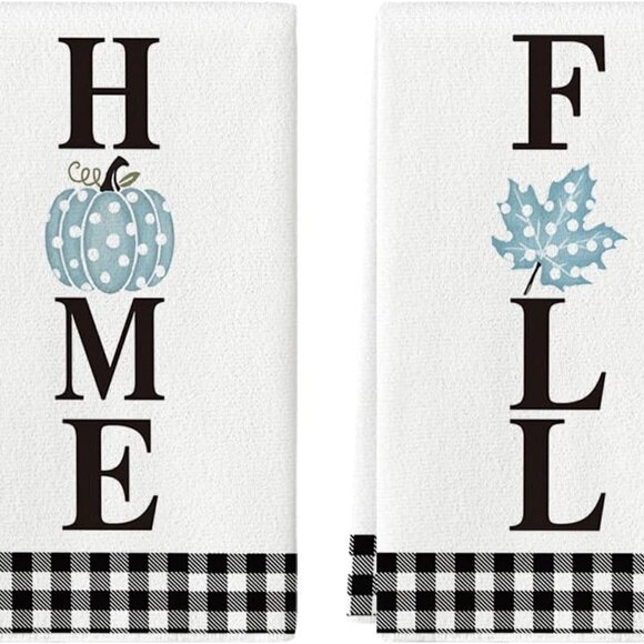 Buffalo Plaid Blue Pumpkin Home Fall Kitchen Towels Dish Towels, 18x26 - Picture 3 of 6